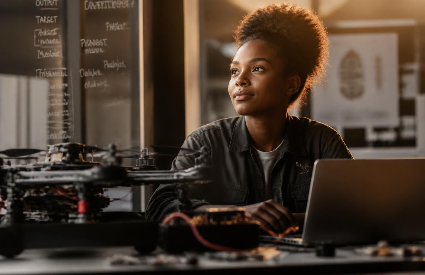 Jeune femme africaine dans un environnement d’innovation technologique
